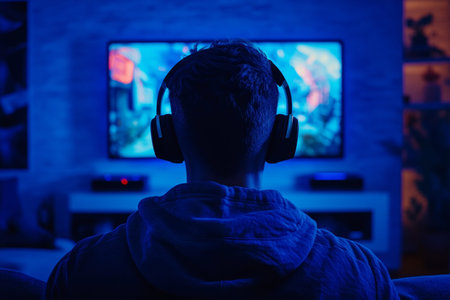 Man engrossed in gaming on couch with neon lighting and dark blue interior aesthetic