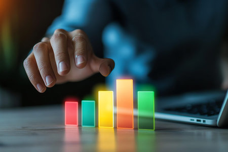 Close up of hand engaging with colorful bars in a home office, symbolizing customer satisfaction