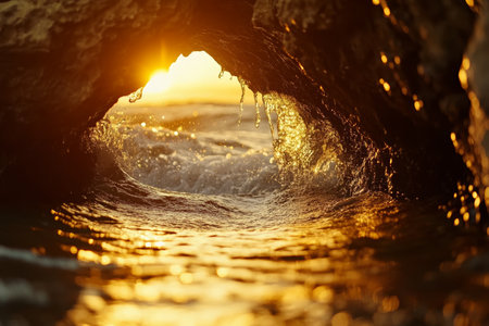Cinematic view of waves breaking through rocky opening with warm tonesの写真素材