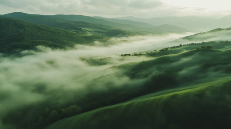 Enchanting misty landscape of Tuscany rolling hills and green valley at sunriseの写真素材