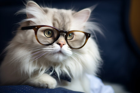 Majestic white long haired cat with glasses in a dreamy cosmic backgroundの写真素材