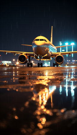 Airplane on runway with glowing dots a low poly travel and air transport conceptの写真素材