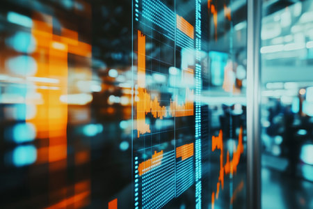 Double exposure photography of stock market data on digital screen with blurred office backgroundの写真素材