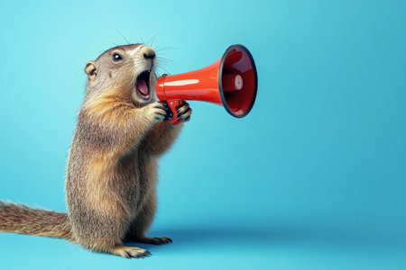 Adorable groundhog using a megaphone on a blue background with copy space for promotions and designの写真素材