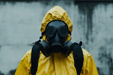 Cinematic portrait of individual in yellow hazmat suit and black gas mask with isolated backgroundの写真素材