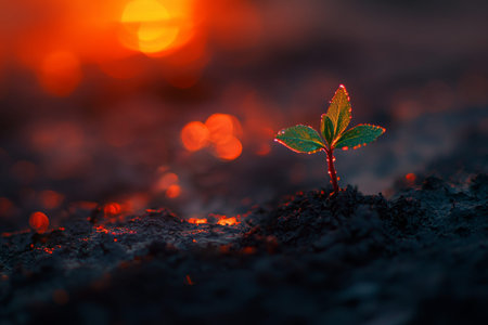 Macro photo of a new sprout emerging from soil at sunset, symbolizing fresh life and growth