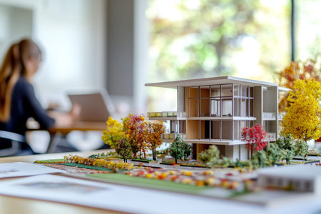 Colorful table arrangement with house model and businesswoman working in the blurred background