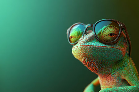 Cartoon chameleon in sunglasses on isolated green background with space for text or designの写真素材