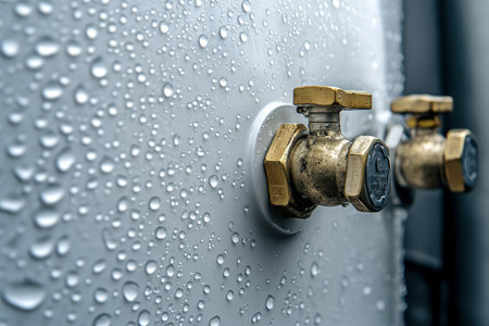 Close up of water droplets and gas pipes featuring brass angle capsの写真素材