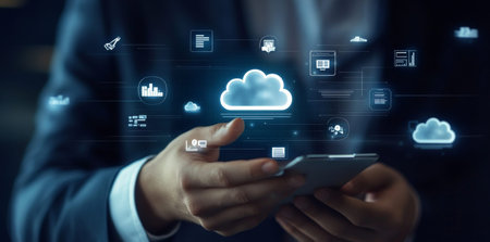Businessman interacting with cloud technology and document icons for modern data protection strategy