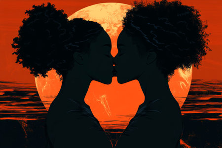 Silhouette of two afro american women kissing with orange moon, retro futuristic vector art styleの写真素材