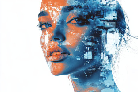Stunning digital art of a woman with double exposure and glitch effect in blue and orange tonesの写真素材