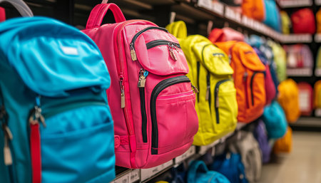 Vibrant variety of school backpacks showcased in store display captured with precision photography