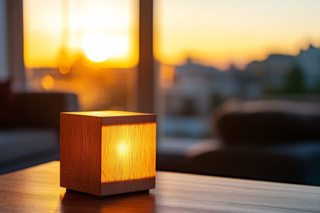 Warm glow from a wooden cube light illuminates a modern living room at sunset, close up viewの写真素材