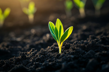Close up of young plant sprouts emerging from soil with morning sunlightの写真素材