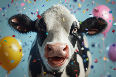 Playful cow celebrates birthday with balloons and confetti in a photorealistic portraitの写真素材