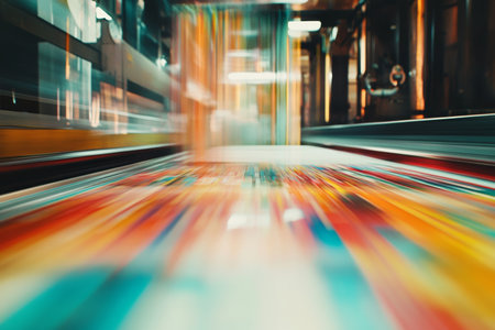 Close up of vibrant printed paper moving through a newspaper printing press machine in motionの写真素材