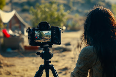 Close up of a video camera on tripod as influencer engages with audience in blurred backgroundの写真素材