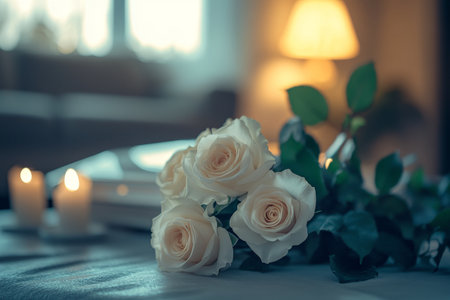 Elegant bouquet of white roses with soft light and shadowsの写真素材