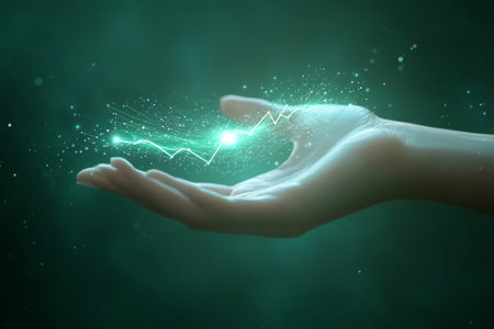 Futuristic 3d illustration of a hand holding a glowing financial growth graph with data pointsの写真素材