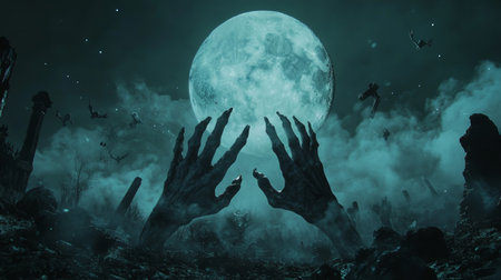 Hyper realistic image of zombie hands emerging from the ground under a foggy moonlit graveyardの写真素材
