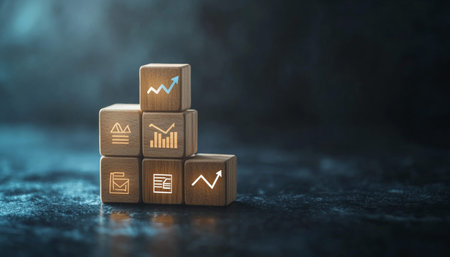 Wooden blocks featuring business growth icons on dark background for marketing strategy successの写真素材
