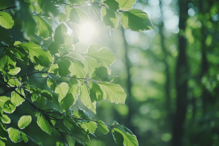 Vibrant spring background featuring fresh green leaves and sunlight filtering through trees