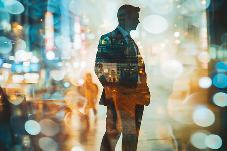 Businessman in suit posing confidently with hands in pockets against a blurred city backgroundの写真素材