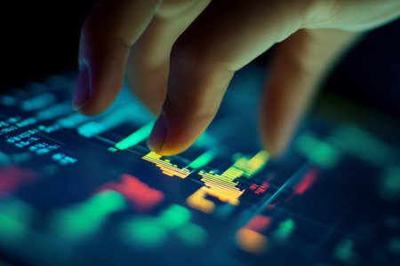 Hand interacting with virtual financial charts on a blue background data visualization concept