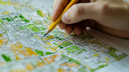 Close up of a hand drawing city blueprint with pencil, showcasing construction engineering concept