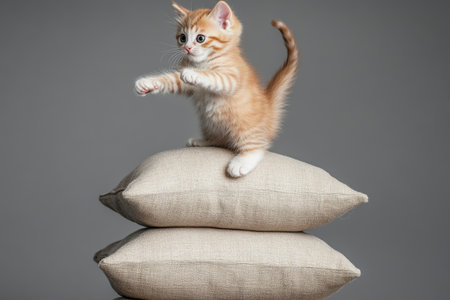 Adorable playful kitten leaps onto beige pillows, enjoying fun moments at home on gray backgroundの写真素材