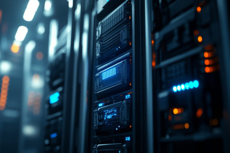 Close up of high tech black server equipment with blue lights in a blurred digital atmosphere