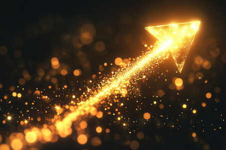 A radiant golden arrow surrounded by sparks symbolizing growth and success in a dark spaceの写真素材