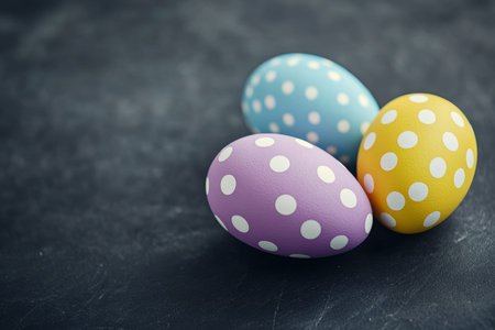 Vibrant polka dot easter eggs on dark background a pastel celebration of spring festivitiesの写真素材