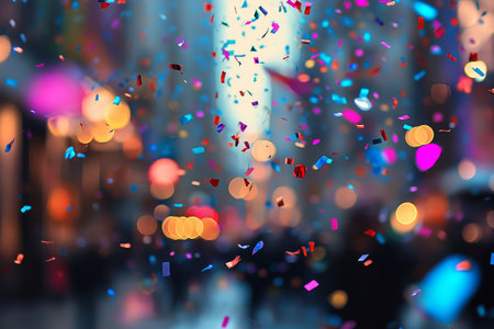 Colorful confetti showering in a city street with blurred background and bokeh effectsの写真素材