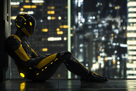 Futuristic robot in helmet on stage a panoramic view of yellow and black with dark cityscapeの写真素材
