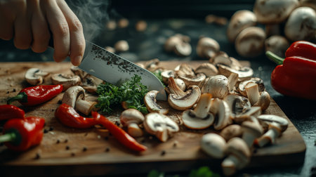 Close up of a chef skillfully slicing mushrooms and peppers on a wooden board with herbsの写真素材