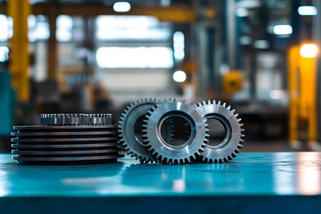 Stacked gears and cut metal parts on a blue table in a modern industrial factory settingの写真素材