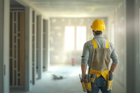 Aerial view of under construction apartment kitchen with carpenter in modern style and tool belt