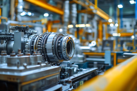 Industrial metal engine and bus motor components with blurred machinery in factory setting