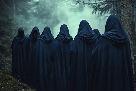 Mysterious hooded figures in dark blue cloaks haunt a misty forest with eerie horror vibes