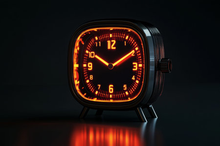 Photorealistic 3d render of a retro alarm clock with glowing red numbers on dark background