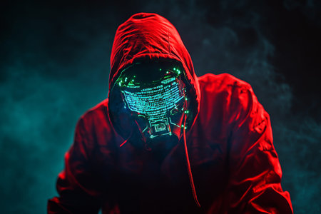 Mysterious hooded hacker with glowing mask amidst digital code in a cyberpunk atmosphere