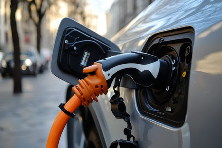 Close up of an electric vehicle charging focus on cables and clamps in warm daylight