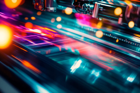 Vibrant close up of a laser printing machine in action within an industrial print factory setting