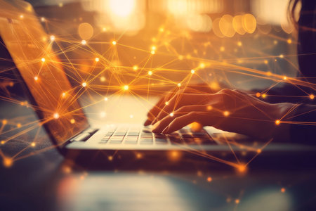 Abstract digital background showcasing business network connections and global data transfer conceptの写真素材