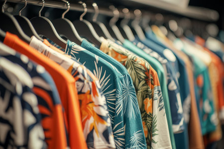 Vibrant t shirts displayed on hangers in a boutique with an advertising banner and copy spaceの写真素材