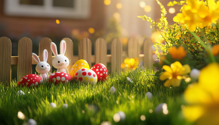 Hyper realistic easter scene with colorful eggs, bunnies, and vibrant spring atmosphere