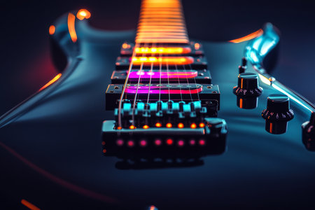Close up of a black electric guitar showcasing a colorful control panel against a dark backdropの写真素材