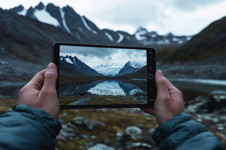Captivating mountain landscape framed by a tablet, merging nature and technology in harmony